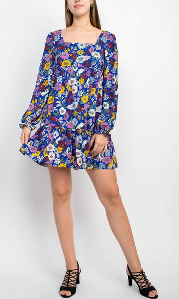 A-line Ruffle Trim Empire Waistline Floral Print Flowy Open-Back Back Zipper Square Neck Long Sleeves Above the Knee Dress