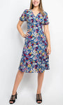 A-line V-neck Slit Back Zipper Tea Length Empire Waistline Short Sleeves Sleeves Floral Print Party Dress