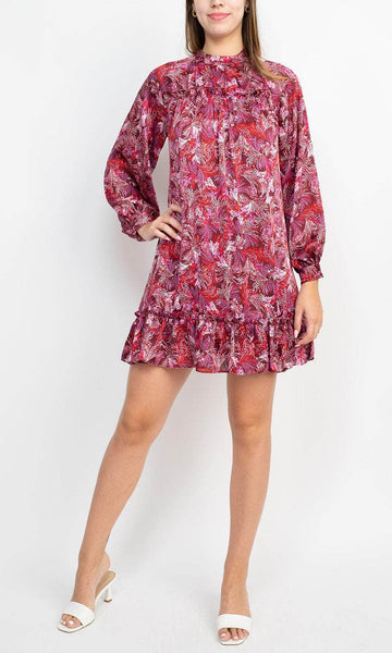 A-line High-Neck Ruffle Trim Natural Waistline Open-Back Button Closure Cutout General Print Bishop Sleeves Short Dress