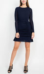 Ruched Cocktail Short Long Sleeves Elasticized Natural Waistline Sheath Jeweled Neck Sheath Dress