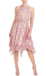 A-line Floral Tie Dye Print Flutter Sleeves Sleeveless Elasticized Natural Waistline Short Keyhole Cutout Spring Halter Dress