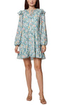 A-line V-neck Long Sleeves Floral Geometric Print Shift Self Tie Natural Waistline Ruffle Trim Short Dress