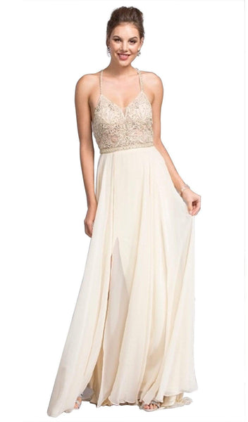 A-line V-neck Natural Waistline Floor Length Halter One Shoulder Sleeveless Jeweled Sheer Beaded Prom Dress/Party Dress with a Brush/Sweep Train