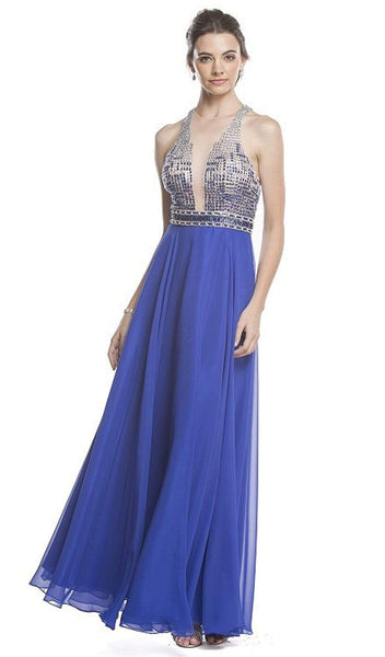 A-line Back Zipper Beaded Pleated Racerback Sheer Fitted Illusion Wrap Halter Plunging Neck Sleeveless Floor Length Natural Waistline Evening Dress/Prom Dress
