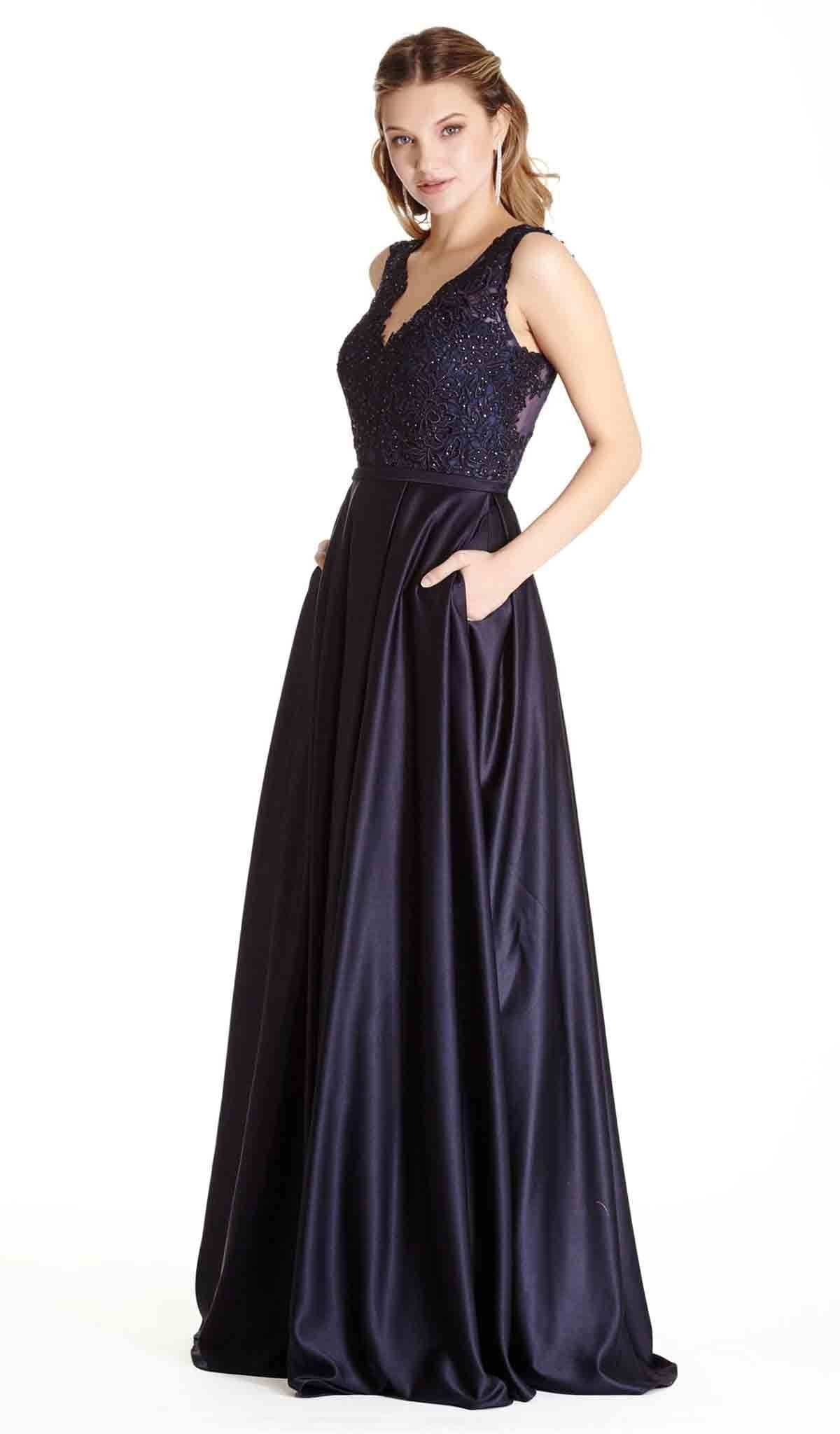Aspeed Design - Beaded Lace V-neck A-line Evening Dress
