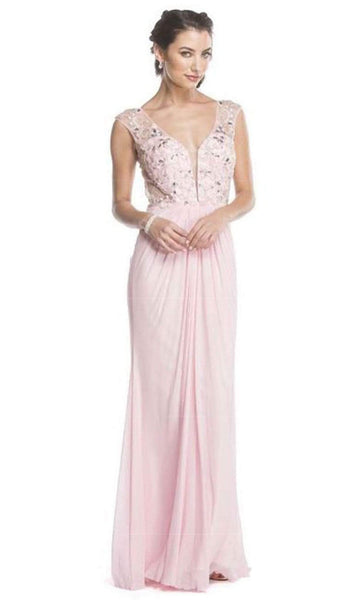 Sexy V-neck Cap Sleeves Thick Straps Floor Length Natural Waistline Open-Back Beaded Fitted Pleated Sheer Sheath Plunging Neck Sheath Dress/Evening Dress/Prom Dress