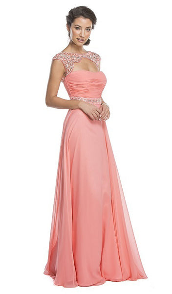 A-line Cap Sleeves Bateau Neck Illusion Crystal Cutout Beaded Ruched Pleated Back Zipper Natural Waistline Floor Length Evening Dress/Prom Dress
