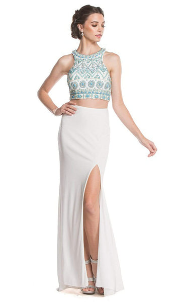 Sexy Sleeveless Floor Length Short Fitted Beaded Back Zipper Racerback Slit Cutout Natural Waistline Halter Sheath Sheath Dress/Evening Dress/Prom Dress