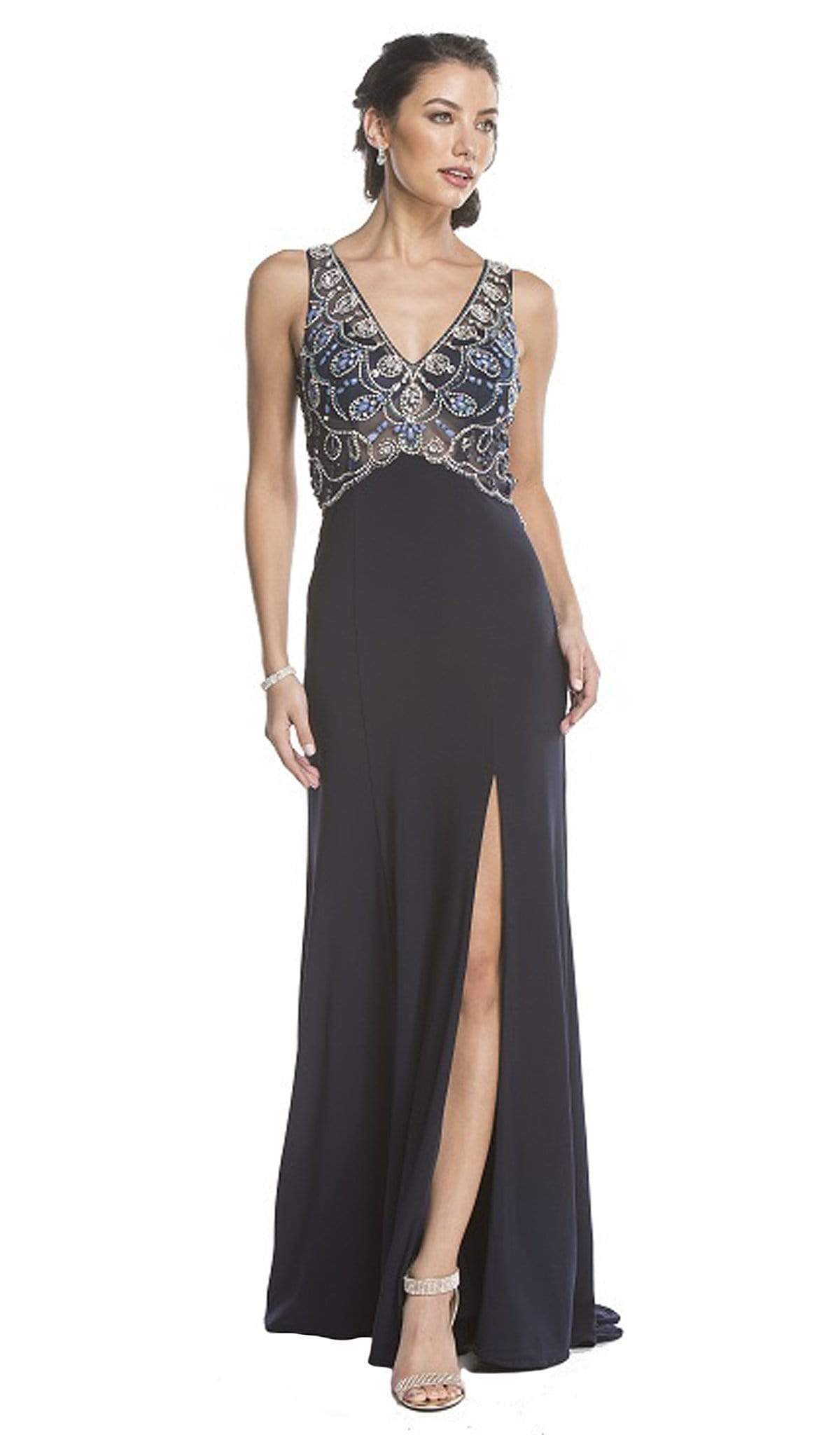 Aspeed Design - Beaded V-Neck Evening Gown with Slit
