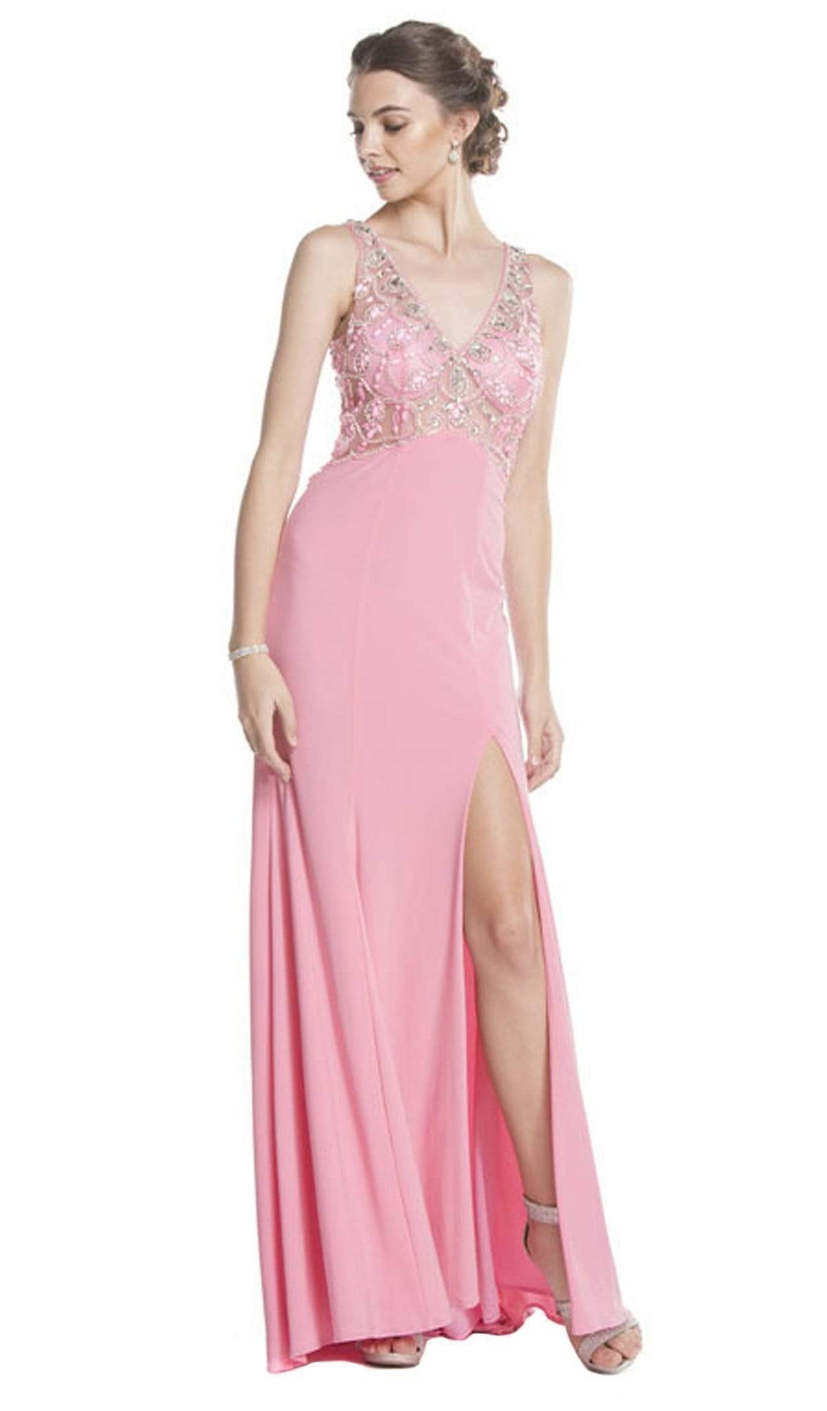 Aspeed Design - Beaded V-Neck Evening Gown with Slit
