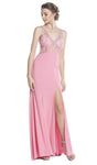 Sophisticated V-neck Slit Open-Back Sheer Beaded Sheath Sleeveless Natural Waistline Floor Length Sheath Dress/Evening Dress/Prom Dress with a Brush/Sweep Train