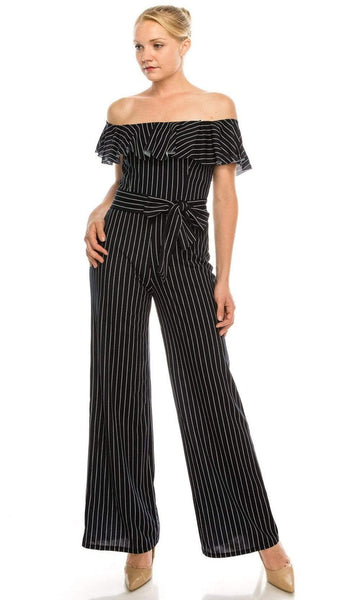 Hidden Back Zipper Belted Striped Print Natural Waistline Off the Shoulder Jumpsuit With a Ribbon and Ruffles