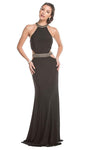 Sexy Sophisticated Floor Length Sheath Natural Waistline Halter Sleeveless Fitted Cutout Sheath Dress/Prom Dress with a Brush/Sweep Train