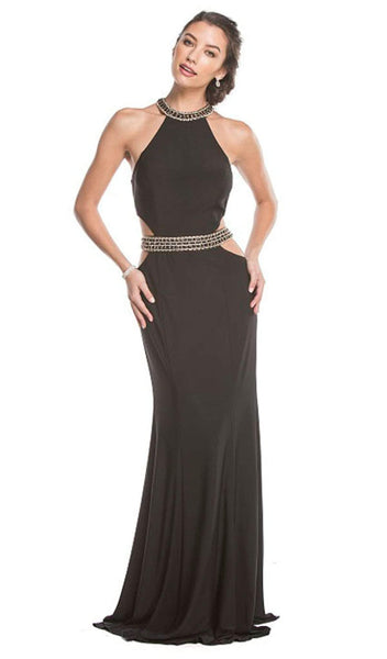 Sexy Sophisticated Sleeveless Halter Fitted Cutout Natural Waistline Sheath Floor Length Sheath Dress/Prom Dress with a Brush/Sweep Train
