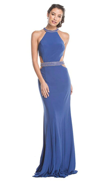 Sexy Sophisticated Halter Cutout Fitted Sleeveless Sheath Floor Length Natural Waistline Sheath Dress/Prom Dress with a Brush/Sweep Train