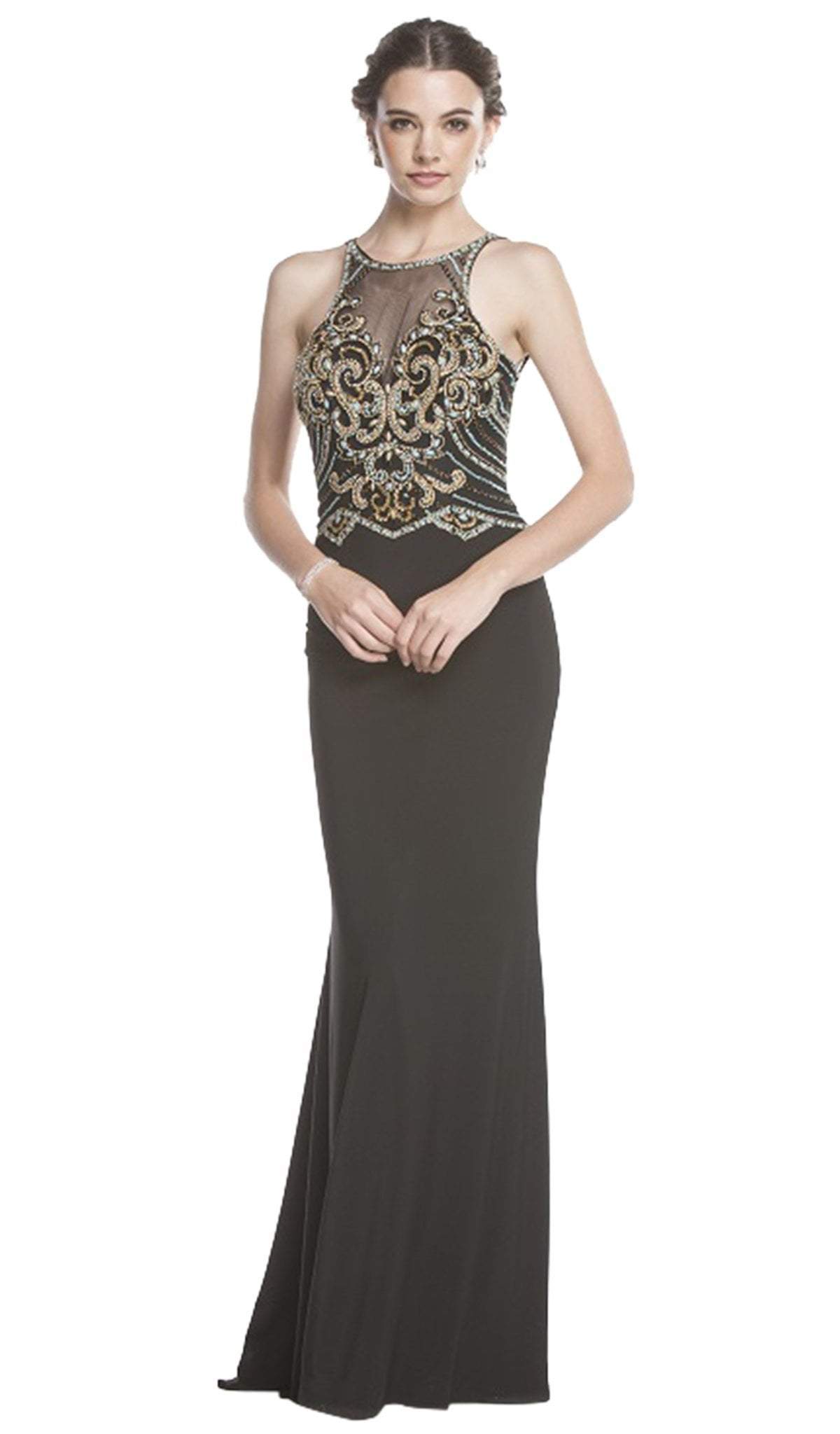 Aspeed Design - Bedazzled Illusion Halter Fitted Evening Dress
