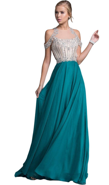 A-line Floor Length Cold Shoulder Sleeves Natural Waistline Illusion Fitted Open-Back Sheer Halter Prom Dress with a Brush/Sweep Train