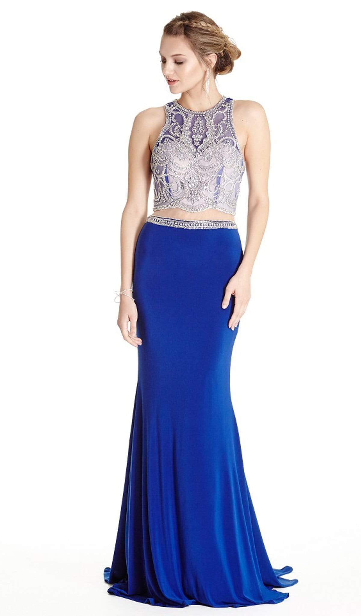 Aspeed Design - Bedazzled Mock Two Piece Sheath Prom Dress
