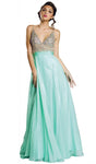 A-line V-neck Shirred Ruched V Back Beaded Crystal Natural Waistline Floor Length Sleeveless Chiffon Prom Dress