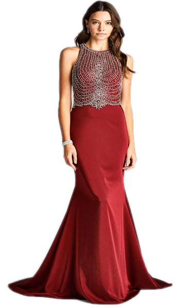 Sleeveless Halter Mermaid Open-Back Jeweled Back Zipper Fitted Beaded Natural Waistline Evening Dress with a Brush/Sweep Train
