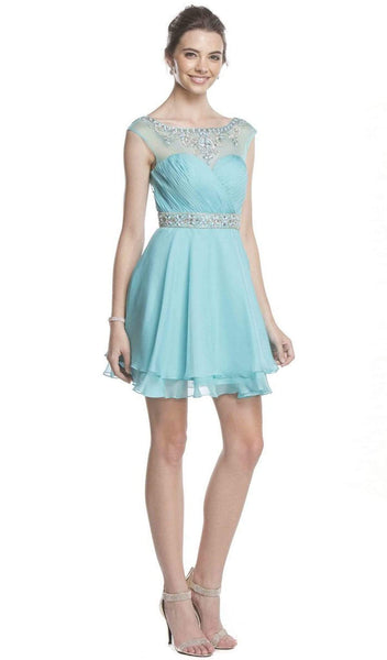 Sexy A-line Natural Waistline Short Bateau Neck Ruched Jeweled V Back Illusion Sheer Cap Sleeves Homecoming Dress