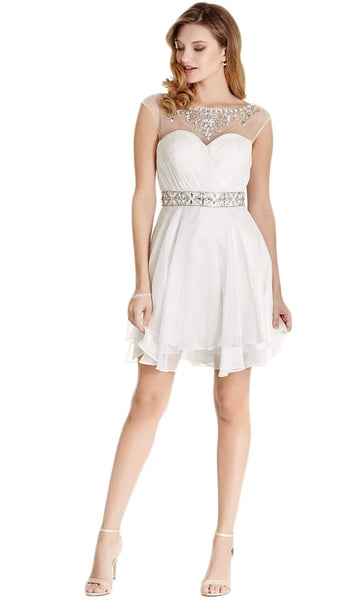 Sexy A-line Short Natural Waistline Sheer Jeweled Ruched Illusion V Back Bateau Neck Cap Sleeves Homecoming Dress