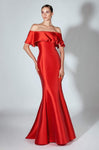 Fitted Off the Shoulder Mermaid Natural Waistline Floor Length Dress with a Brush/Sweep Train With Ruffles