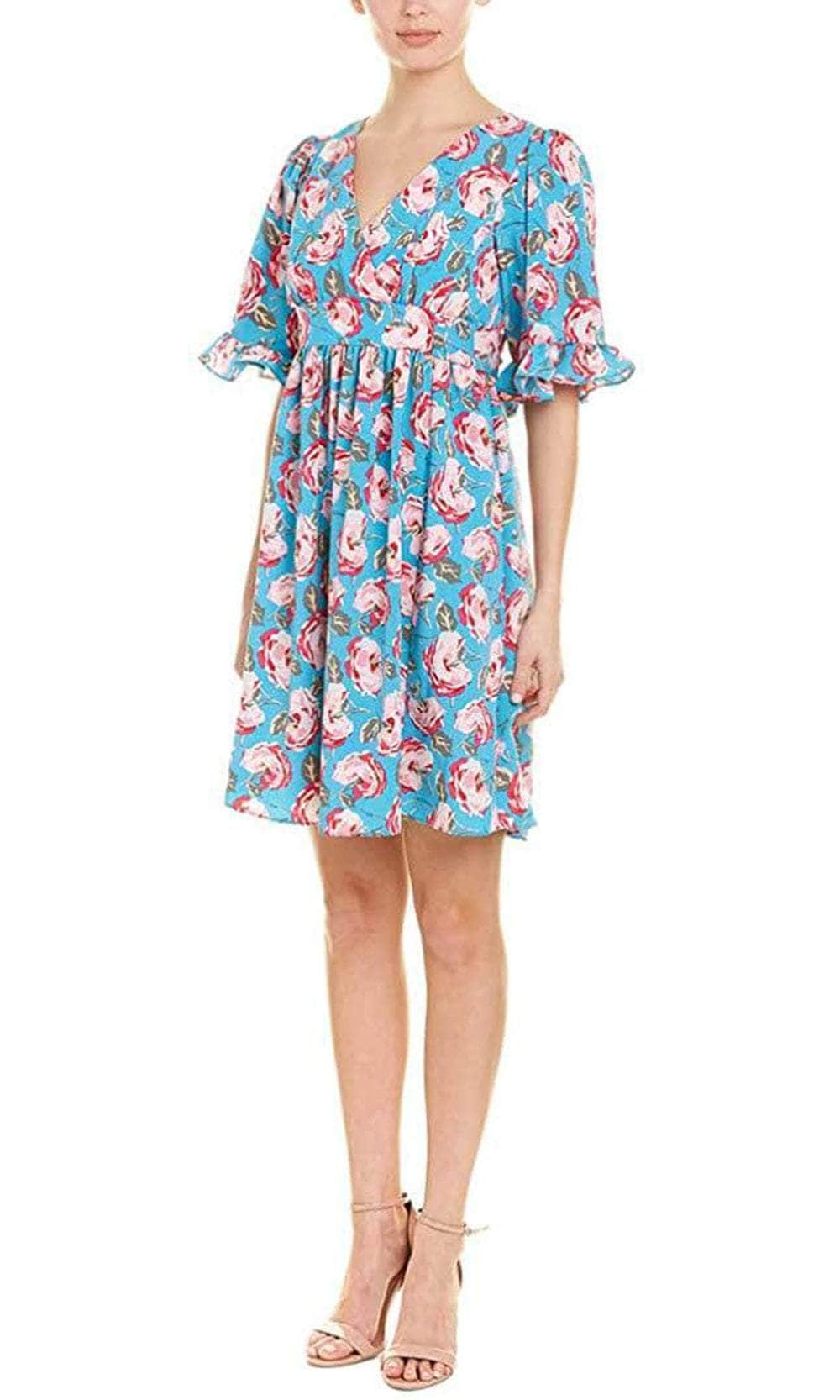 Betsey Johnson FP01W26 - V-Neck Bell Short Sleeved Floral Short Dress
