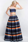 A-line Strapless Floor Length Satin Striped Print Straight Neck Natural Waistline Belted Back Zipper Open-Back Crystal Prom Dress