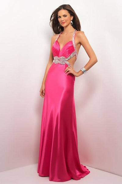 A-line Pleated Ruched Cutout Glittering Open-Back Sleeveless Halter Plunging Neck Natural Waistline Dress