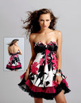 A-line Strapless Cocktail Short Floral Print Pleated Tiered Empire Waistline Sweetheart Dress With Ruffles