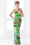 9379 Asymmetrical Animal Print Sheath Gown