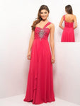 A-line Sweetheart One Shoulder Sleeveless Floor Length Chiffon Crystal Beaded Ruched Natural Waistline Evening Dress