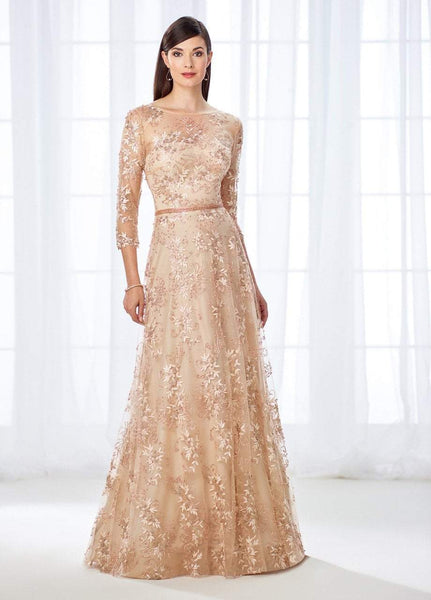 Tall A-line Bateau Neck Sweetheart Sheer Beaded Illusion Wrap 3/4 Sleeves Natural Waistline Evening Dress/Mother-of-the-Bride Dress with a Brush/Sweep Train