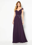 V-neck Plunging Neck Chiffon Cap Sleeves Sheath Pleated V Back Beaded Floor Length Sheath Dress with a Brush/Sweep Train