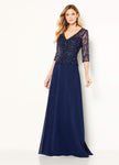 A-line V-neck Fitted Illusion Sheer Beaded 3/4 Sleeves Floor Length Evening Dress/Mother-of-the-Bride Dress