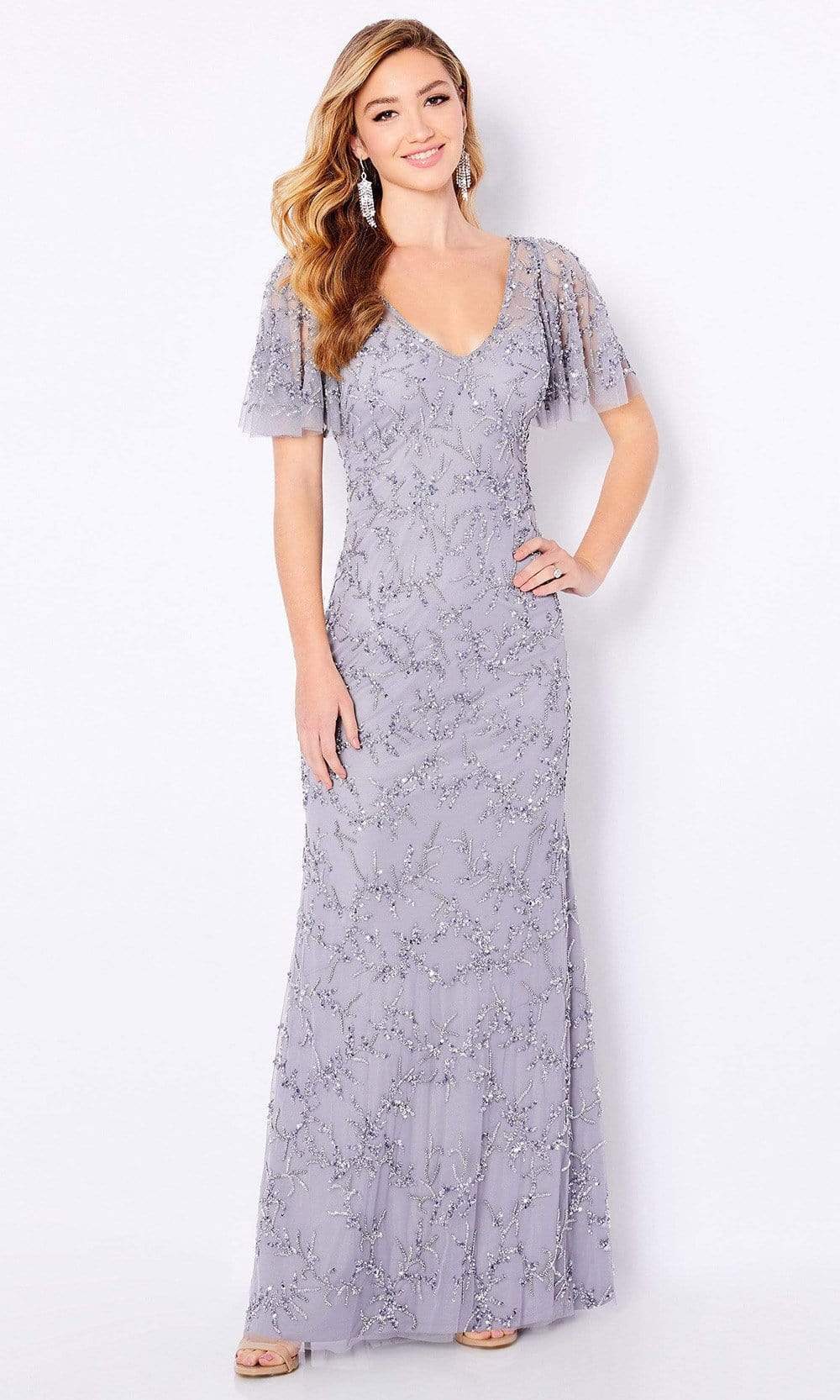 Cameron Blake - 221681 Beaded V Neck Long Sheath Dress
