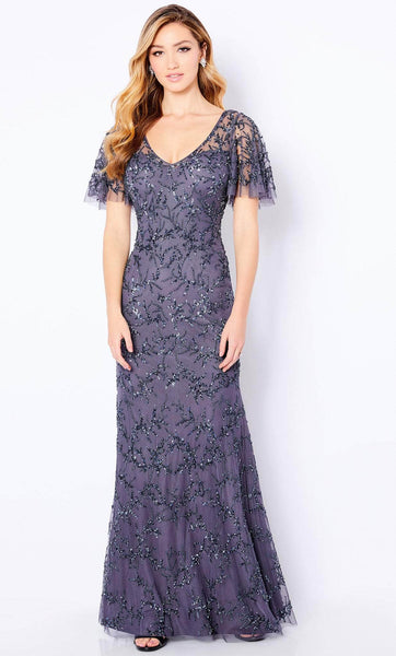 V-neck Sheer Fitted Beaded Back Zipper Embroidered General Print Tulle Fit-and-Flare Sheath Natural Waistline Flutter Short Sleeves Sleeves Floor Length Sheath Dress/Evening Dress