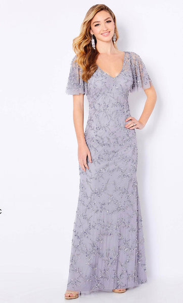 V-neck Tulle Natural Waistline Back Zipper Embroidered Sheer Fitted Beaded Floor Length Flutter Short Sleeves Sleeves Fit-and-Flare Sheath General Print Sheath Dress/Evening Dress