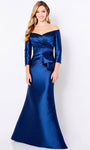 V-neck Peplum Pleated Natural Waistline Mermaid 3/4 Sleeves Off the Shoulder Floor Length Evening Dress/Mother-of-the-Bride Dress with a Court Train
