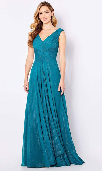 Tall A-line V-neck Floor Length Pleated V Back Back Zipper Sleeveless Natural Waistline Evening Dress