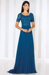 A-line Chiffon Scoop Neck Short Sleeves Sleeves Natural Waistline Beaded Dress with a Brush/Sweep Train With a Ribbon