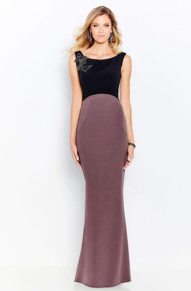 Two-Toned Print Scoop Neck Crepe Floor Length Sheath Natural Waistline Sleeveless Fall Beaded Back Zipper Fitted V Back Sheath Dress/Evening Dress with a Brush/Sweep Train
