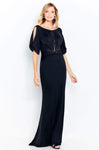 Natural Waistline Bateau Neck Jersey Illusion V Back Back Zipper Gathered Sheath Floor Length Cold Shoulder Sleeves Sheath Dress/Evening Dress with a Brush/Sweep Train