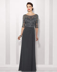 A-line Gathered Illusion V Back Beaded 3/4 Sleeves Chiffon Bateau Neck Sweetheart Natural Waistline Dress