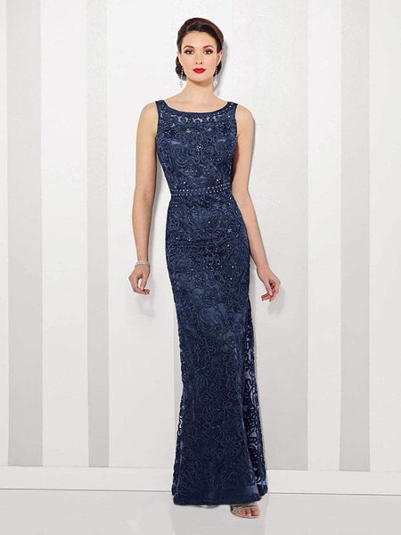 A-line Bateau Neck Flared-Skirt Sleeveless Illusion Back Zipper Beaded Natural Waistline Evening Dress/Mother-of-the-Bride Dress With a Ribbon