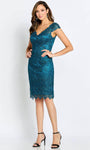 V-neck Lace Sheath Natural Waistline Cocktail Above the Knee Cap Sleeves Scalloped Trim Open-Back Back Zipper V Back Crystal Beaded Sheath Dress