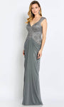 V-neck Sleeveless Embroidered Back Zipper Ruched Draped Beaded Natural Waistline Floor Length Sheath Sheath Dress/Evening Dress with a Brush/Sweep Train