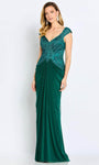 V-neck Sleeveless Natural Waistline Sheath Ruched Beaded Embroidered Back Zipper Draped Floor Length Sheath Dress/Evening Dress with a Brush/Sweep Train