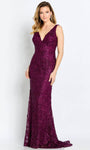 V-neck Natural Waistline Sleeveless Floor Length Lace V Back Belted Back Zipper Fitted Glittering Beaded Sheath Sheath Dress with a Brush/Sweep Train